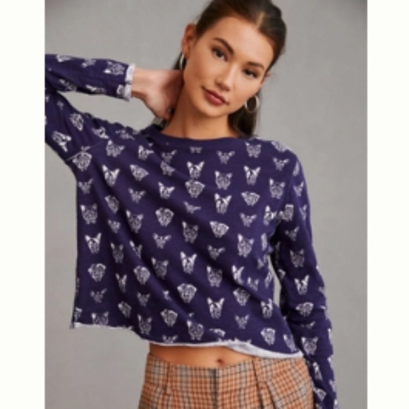 Anthropologie Maeve Caitlin Boxy Fit Dog Print Long Sleeved Cotton T Shirt SZ M - Picture 1 of 14